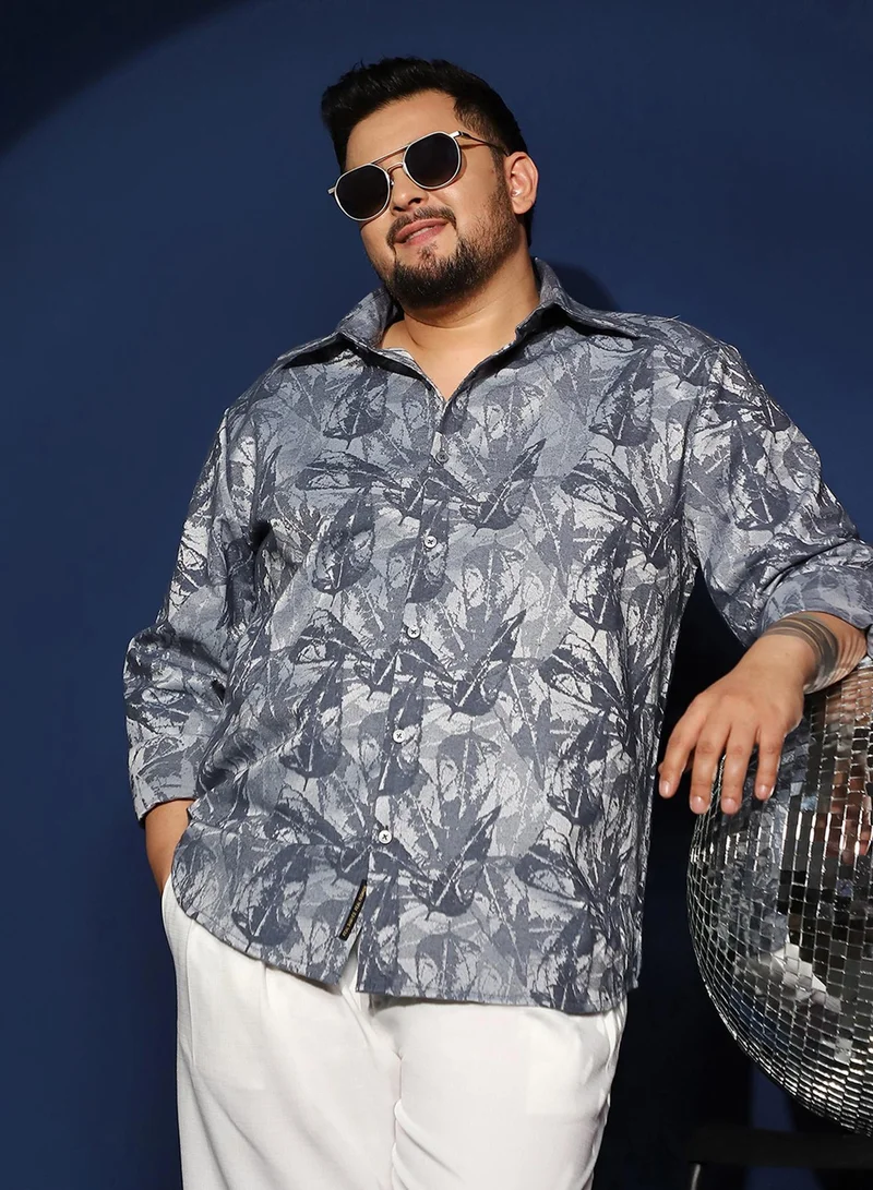 Men's Indigo Blue Willow-Foliage Imprint Shirt For Casual Wear | Spread Collar | Long Cuffed Sleeves | Button Closure | Plus Size Shirt Crafted With Comfort Fit For Everyday Wear