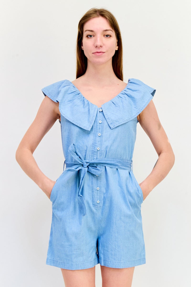 SALSA Women Peterpan Collar Cap Sleeves Solid Playsuit, Light Blue  - Image 1