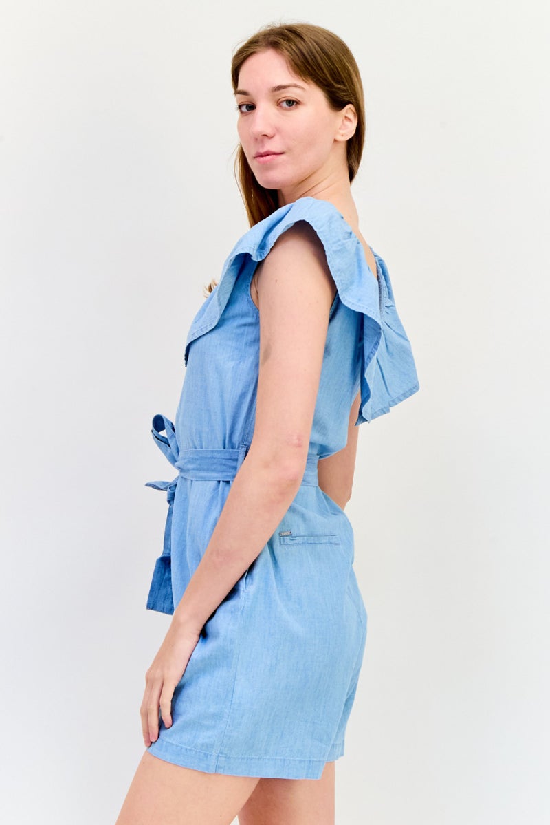 SALSA Women Peterpan Collar Cap Sleeves Solid Playsuit, Light Blue  - Image 3