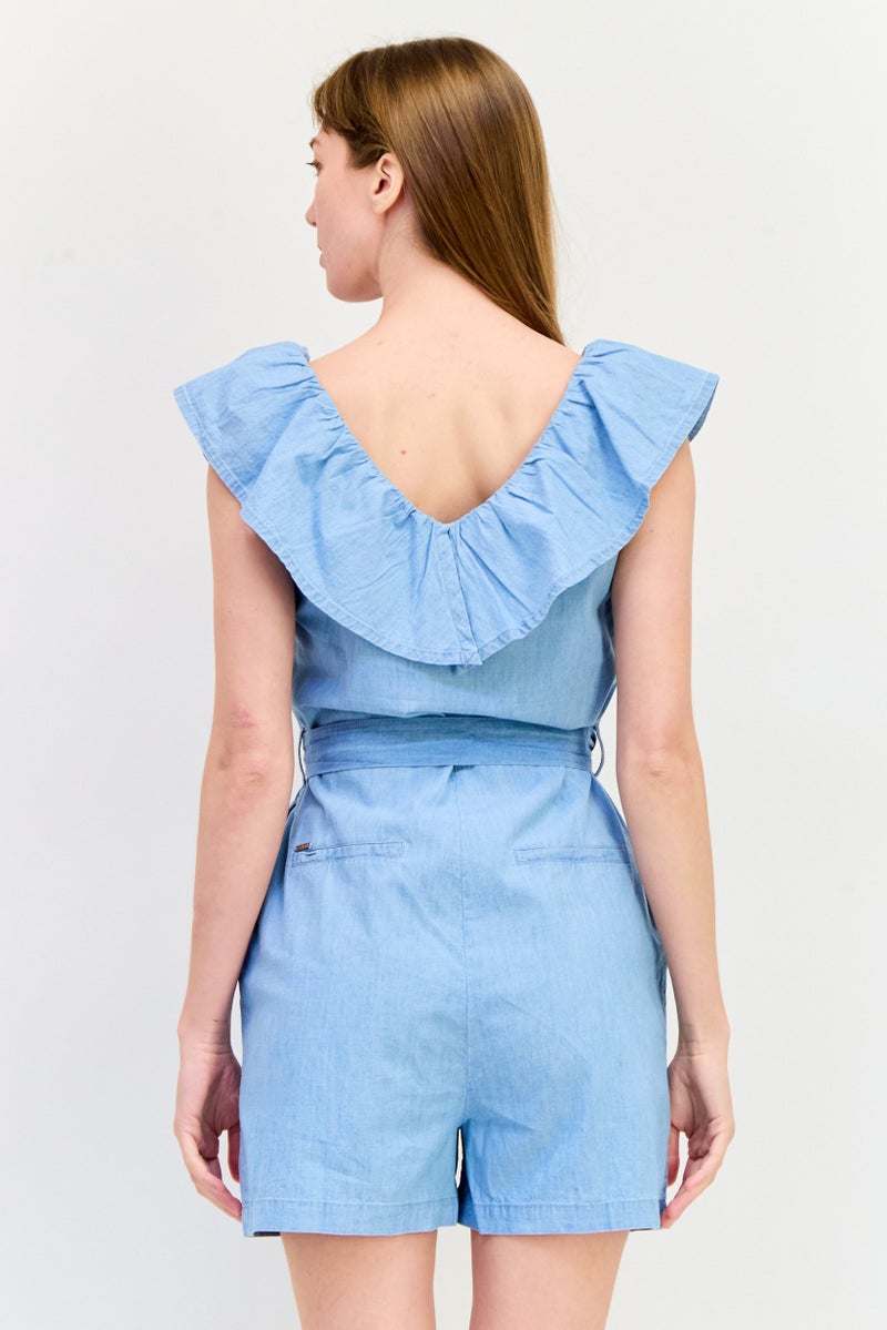 SALSA Women Peterpan Collar Cap Sleeves Solid Playsuit, Light Blue  - Image 2