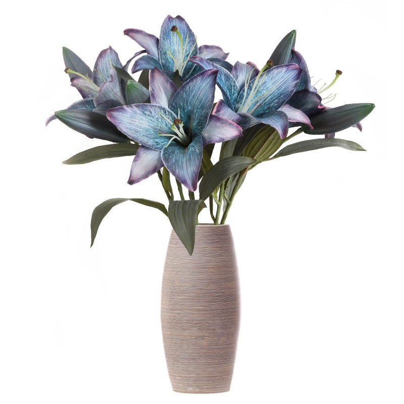IPOPU Blue Artificial Lily Flowers 5PCS Vintage Lily Silk Flowers for Home Decor Indoor Faux Blue Flowers Fake Lily Fake Flowers Floral Arrangement Wedding Party Decor Home Decor Blue