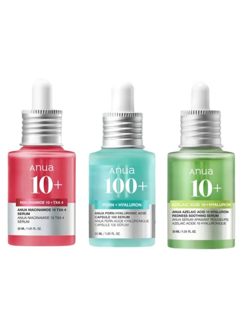 Anua Wonder 10% Niacinamide+ 4% Tranexamic Acid Serum With New Look 30ml + PDRN Hyaluronic Acid Capsule 100 Serum 30ml + Azelaic Acid 10 Hyaluron Redness Soothing Serum 30ml - Image 1