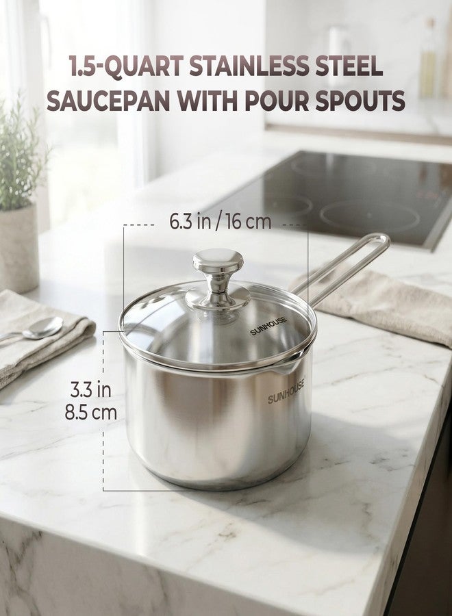 SUNHOUSE 1.5 QT Sauce Pan with Lid & Pour Spouts, Tri-Ply Base - Image 2