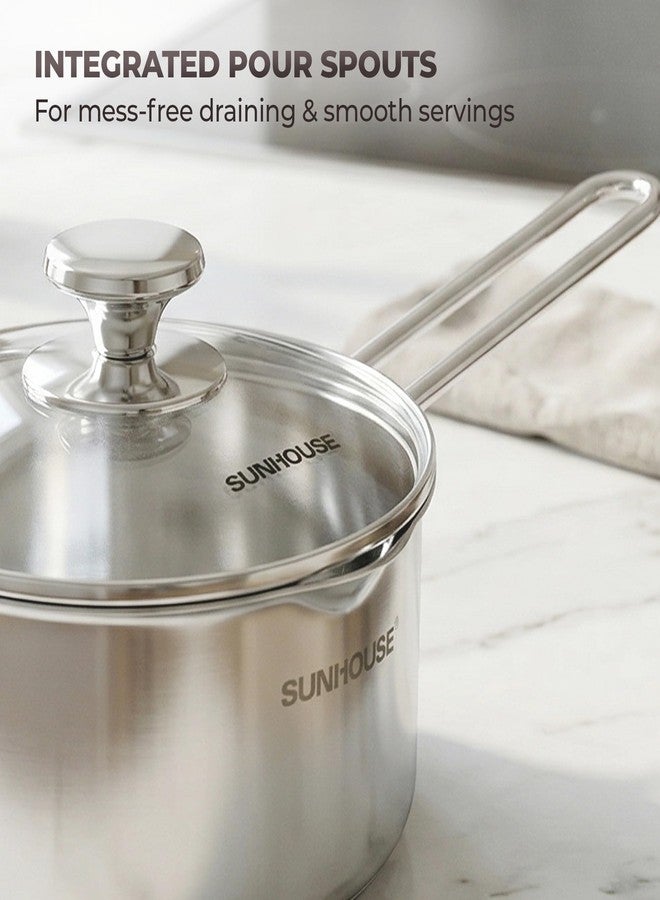 SUNHOUSE 1.5 QT Sauce Pan with Lid & Pour Spouts, Tri-Ply Base - Image 4