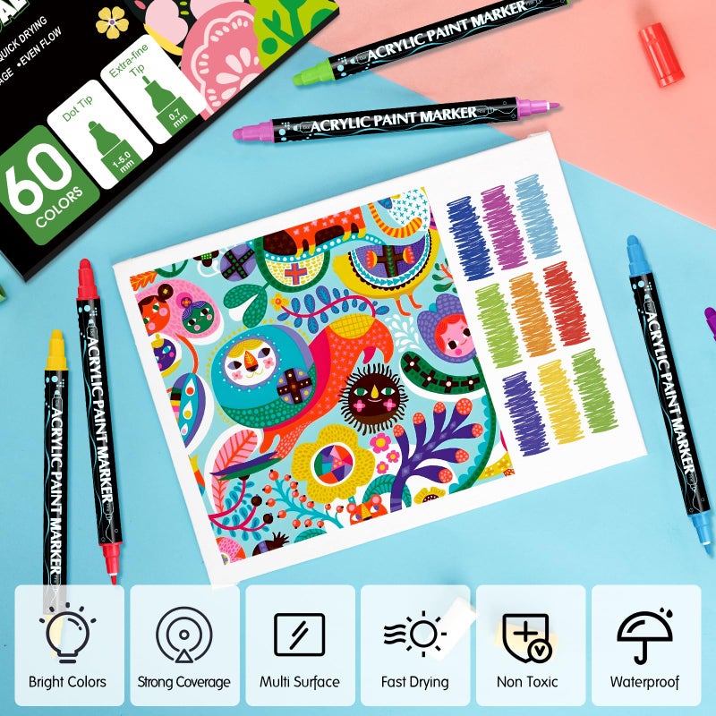 FUMILE 60 Colors Acrylic Paint Marker Dual Tip(Fine and Dot Tip), Paint Pens Acrylic Markers for Wood, Rock, Plastic, Glass, Ceramic, Canvas.Acrylic Markers Set for DIY Christmas Gifts and Art - Image 4