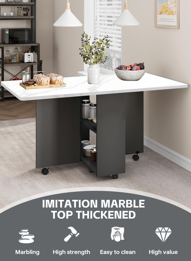 Ammar Space Folding Dining Table with Storage Rack and 2 Drawers Drop Leaf Table with 6 Wheels Kitchen Multifunctional Extension Space Saving Dinner Table for Bedroom Dining Room Home Small Spaces - Image 5