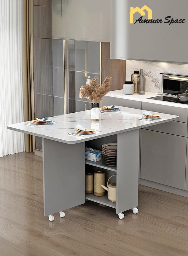 Ammar Space Folding Dining Table with Storage Rack and 2 Drawers Drop Leaf Table with 6 Wheels Kitchen Multifunctional Extension Space Saving Dinner Table for Bedroom Dining Room Home Small Spaces - Image 1