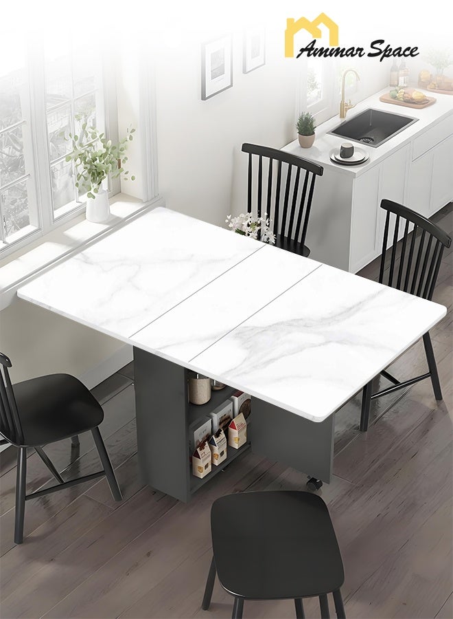 Ammar Space Folding Dining Table with Storage Rack and 2 Drawers Drop Leaf Table with 6 Wheels Kitchen Multifunctional Extension Space Saving Dinner Table for Bedroom Dining Room Home Small Spaces - Image 2
