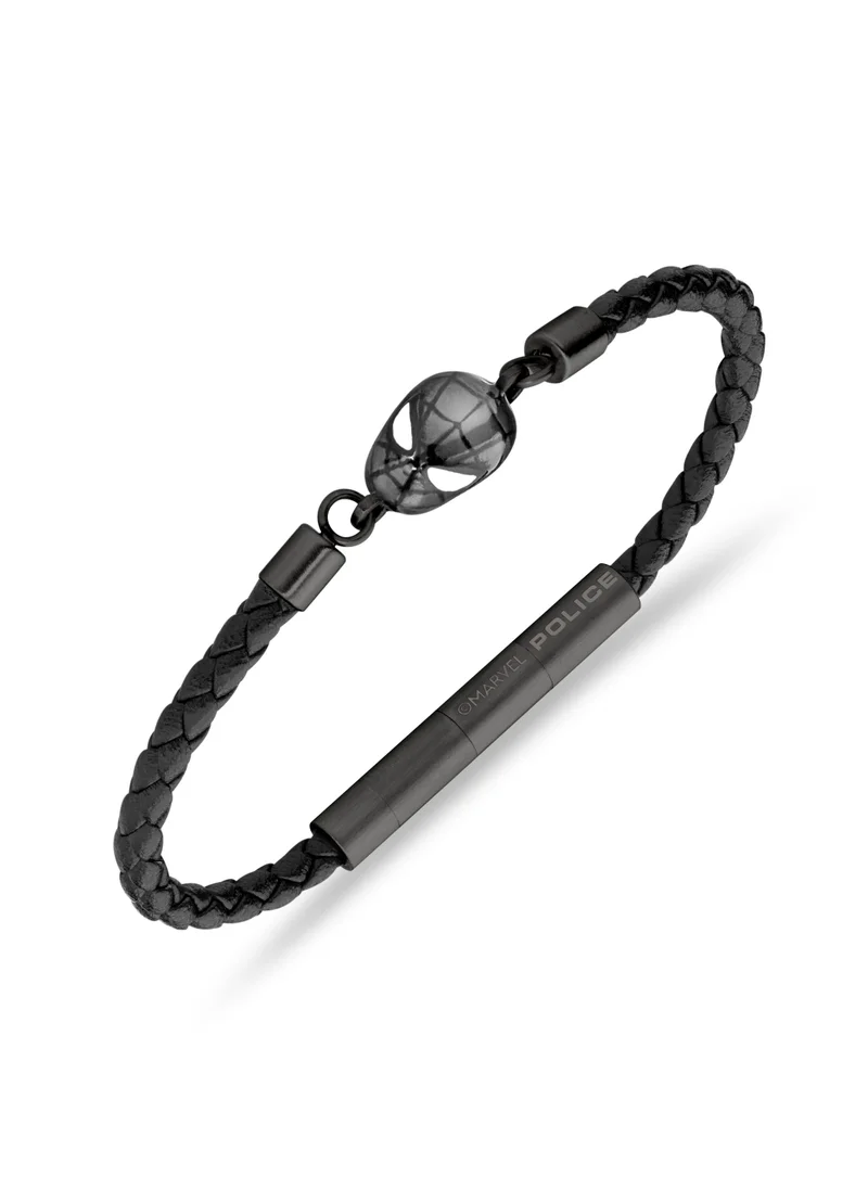 بوليس POLICE Web Slinger Bracelet - Black Leather with Iconic Spider-Man Mask & Magnetic Closure - Bold Men's Style