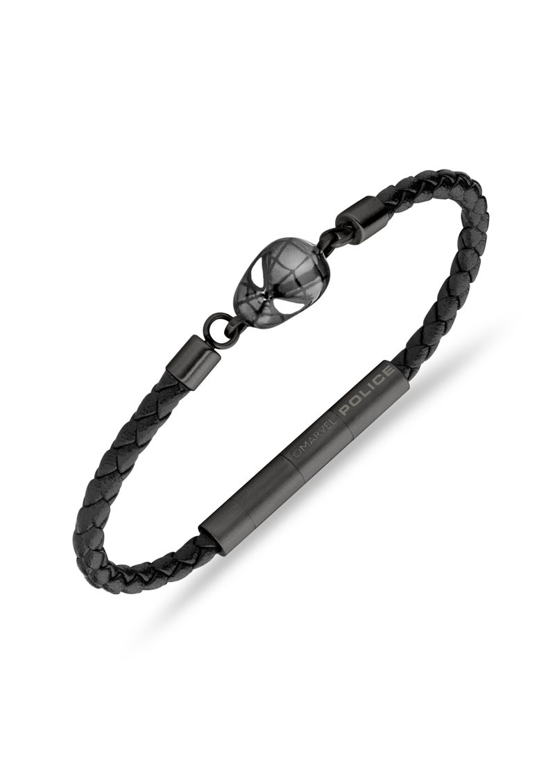 POLICE Web Slinger BraceletBlack Leather with Iconic Spider-Man Mask and Magnetic ClosureBold Men's Style  - Image 1