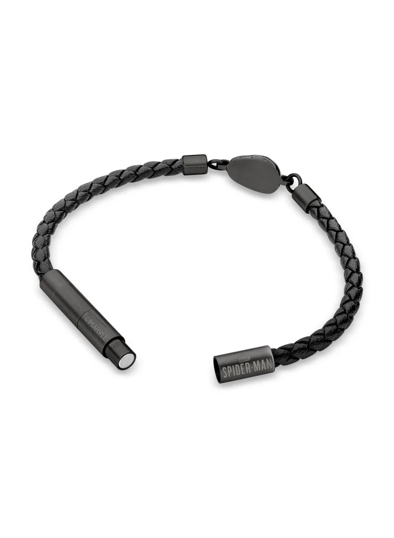 POLICE Web Slinger BraceletBlack Leather with Iconic Spider-Man Mask and Magnetic ClosureBold Men's Style