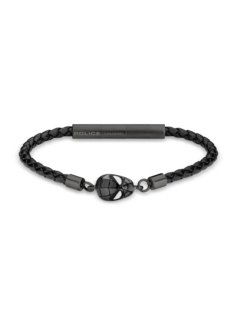 Police Web Slinger Grey Stainless Steel and Black Leather Bracelet for Men