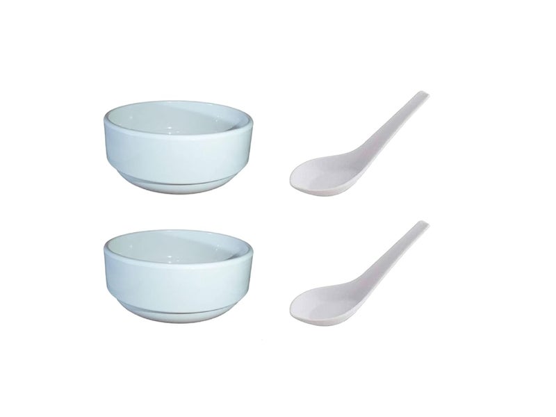 Servewell Melamine Rewa Soup Bowls with Spoon Set of 2 White Glossy 300 ml - Image 1