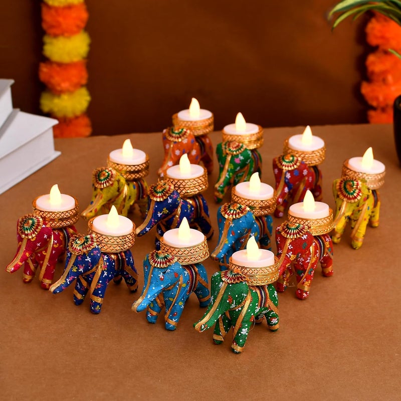 Pride Store Elephant Tealight LED Candle Holder Diyas Deepak Candle Stand for Diwali Birthday Navratri Festival Any Occasion for Home Decor Decoration Multicolor Pack of 12 - Image 1