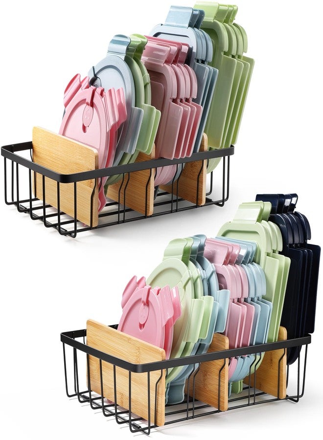 CACHOLIV 2-Pack Adjustable Lid Organizers - Large Kitchen Cabinet Organizer for Food Storage Container and Tumbler Cup Lids with 6 Bamboo Dividers -Organizers in Kitchen/Pantry/Laundry Room(Size:M+L) - Image 1