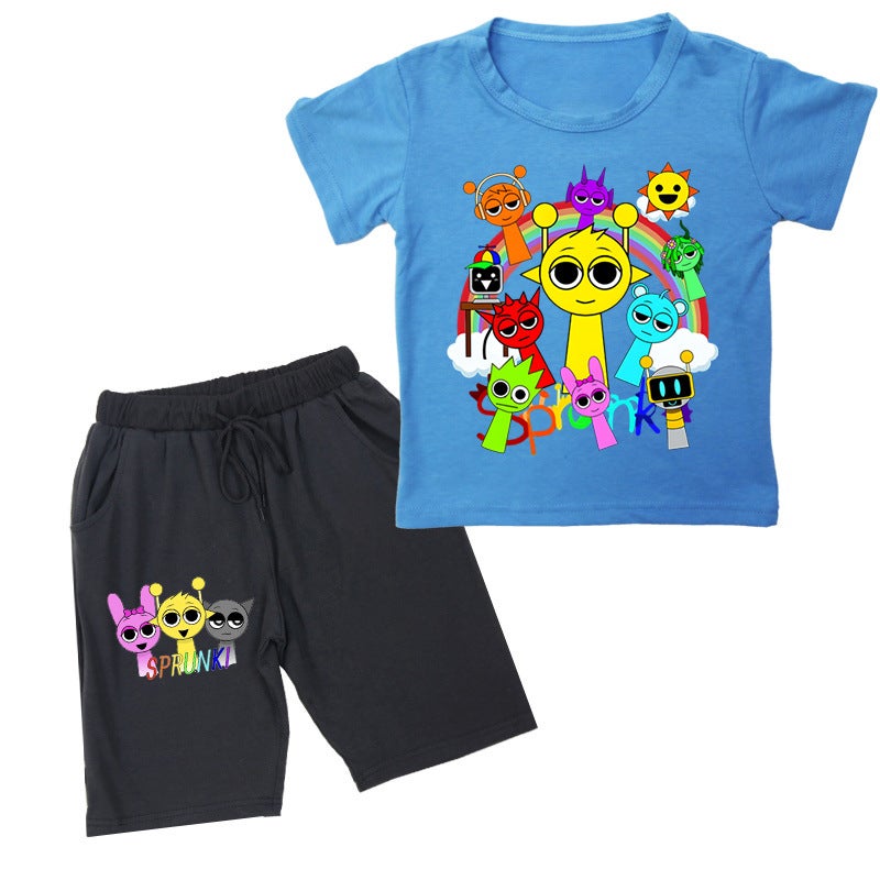 New Rhythm Box Sprunki Printed Round Neck Short-Sleeved Summer Casual Kidsren'S Fashion Suit Shorts - Image 2