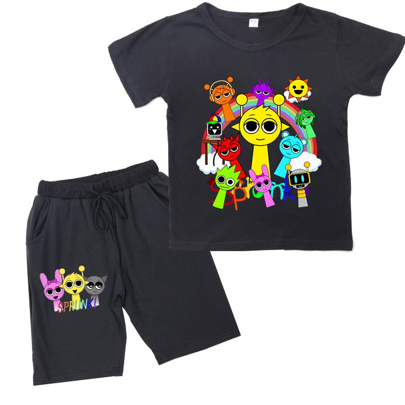 New Rhythm Box Sprunki Printed Round Neck Short-Sleeved Summer Casual Kidsren'S Fashion Suit Shorts - Image 1