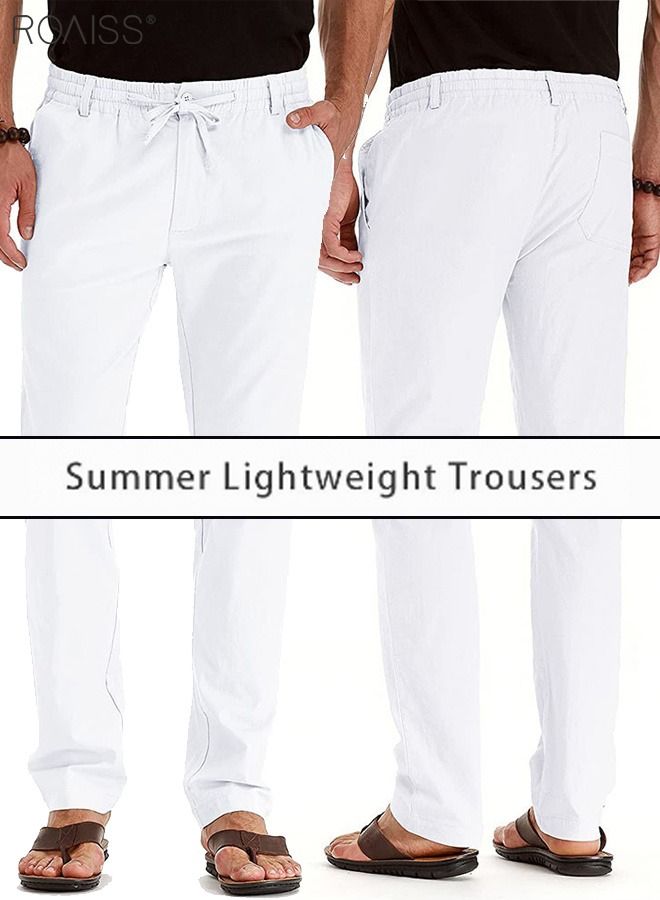 roaiss Men's Casual Solid Color Pants Cotton Versatile Business Trousers Mens Soft Comfortable Mid-Rise Straight Long Pants Loose Lace-Up Drawstring Waist Elastic Design White  - Image 1