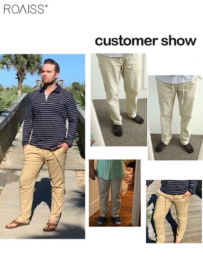 roaiss Men's Casual Solid Color Pants Cotton Versatile Business Trousers Mens Soft Comfortable Mid-Rise Straight Long Pants Loose Lace-Up Drawstring Waist Elastic Design White  - Image 5