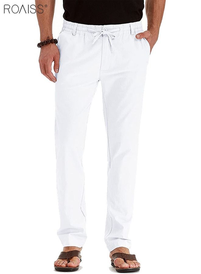 roaiss Men's Casual Solid Color Pants Cotton Versatile Business Trousers Mens Soft Comfortable Mid-Rise Straight Long Pants Loose Lace-Up Drawstring Waist Elastic Design White  - Image 2