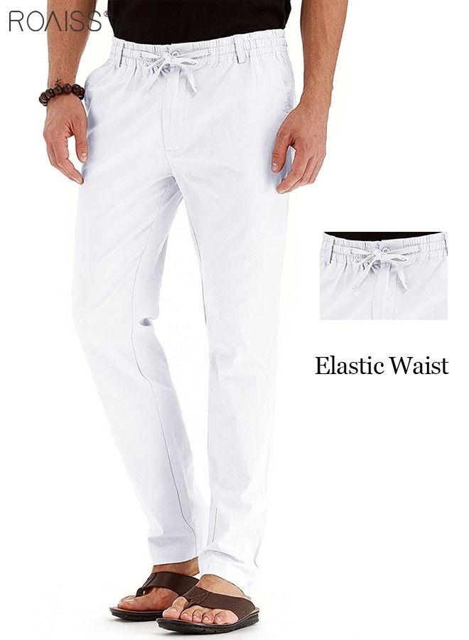 roaiss Men's Casual Solid Color Pants Cotton Versatile Business Trousers Mens Soft Comfortable Mid-Rise Straight Long Pants Loose Lace-Up Drawstring Waist Elastic Design White  - Image 4