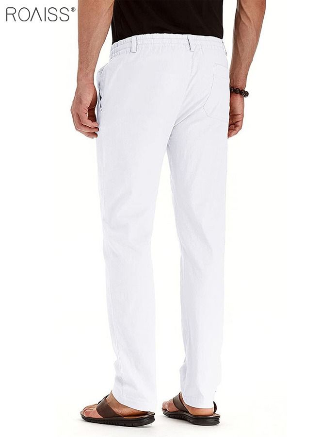 roaiss Men's Casual Solid Color Pants Cotton Versatile Business Trousers Mens Soft Comfortable Mid-Rise Straight Long Pants Loose Lace-Up Drawstring Waist Elastic Design White  - Image 3
