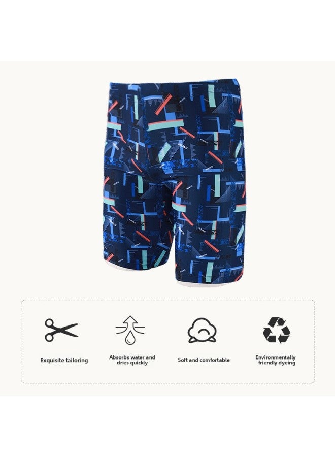 Children's Swimming Trunks Swimming Cap Suit Boys' Swimming Training Suit Cartoon Printed Big Children's Boys' Swimming Trunks Swimming Cap-Color:Blue (including Swimming Cap)-