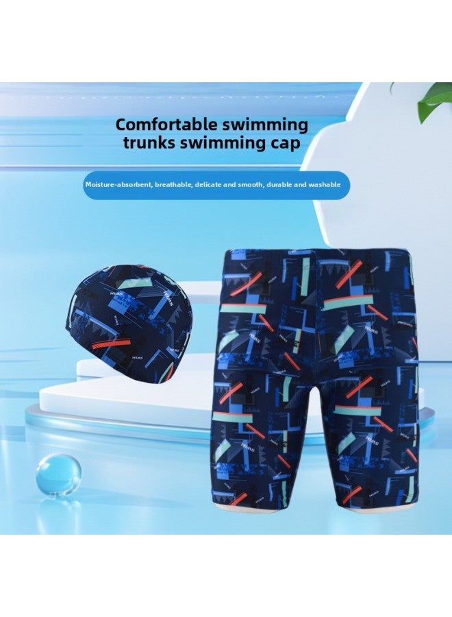 Children's Swimming Trunks Swimming Cap Suit Boys' Swimming Training Suit Cartoon Printed Big Children's Boys' Swimming Trunks Swimming Cap-Color:Blue (including Swimming Cap)-