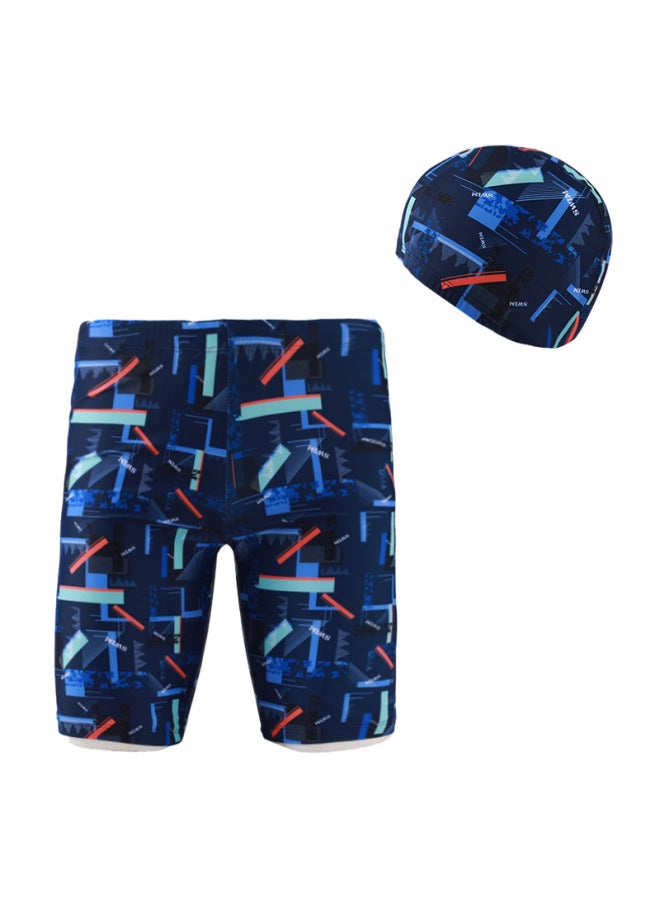 Children's Swimming Trunks Swimming Cap Suit Boys' Swimming Training Suit Cartoon Printed Big Children's Boys' Swimming Trunks Swimming Cap-Color:Blue (including Swimming Cap)-