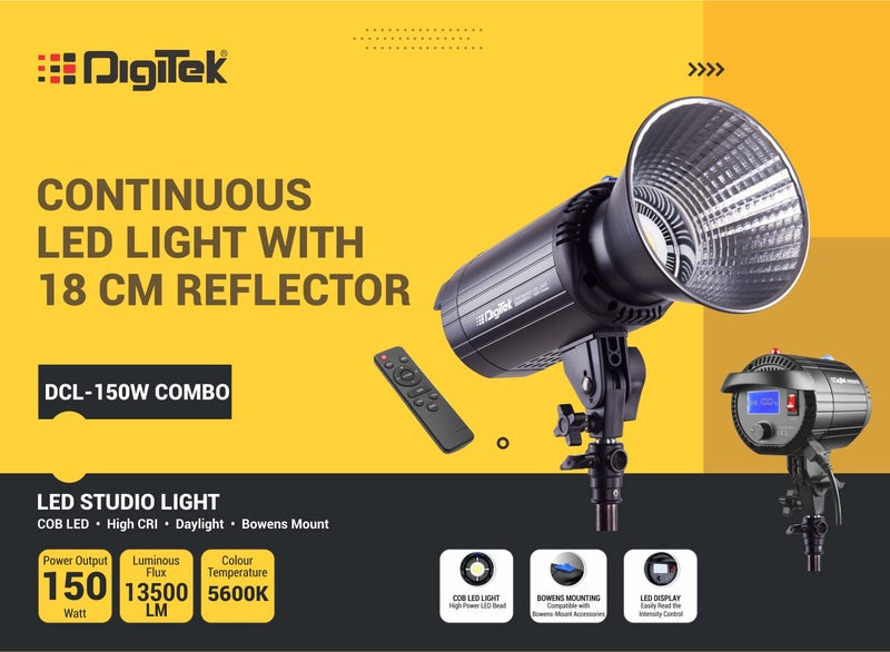Digitek DCL-150W Combo 150W Professional Continuous LED Video Light with 18CM Reflector, AC Support, 5600K Color Temp Control, 95 CRI, 13500 Lumen, Ideal for Streaming, Vlogging, Reels & Interview. - Image 5