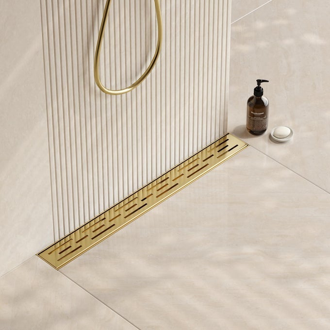 24IN BRUSHED BRASS RECTANGULAR LINEAR SHOWER DRAIN WITH BRICK PATTERN GRATE 304 STAINLESS STEEL BATHROOM FLOOR DRAIN GOLD LINEAR DRAIN WITH HAIR STRAINERCUPC CERTIFIED