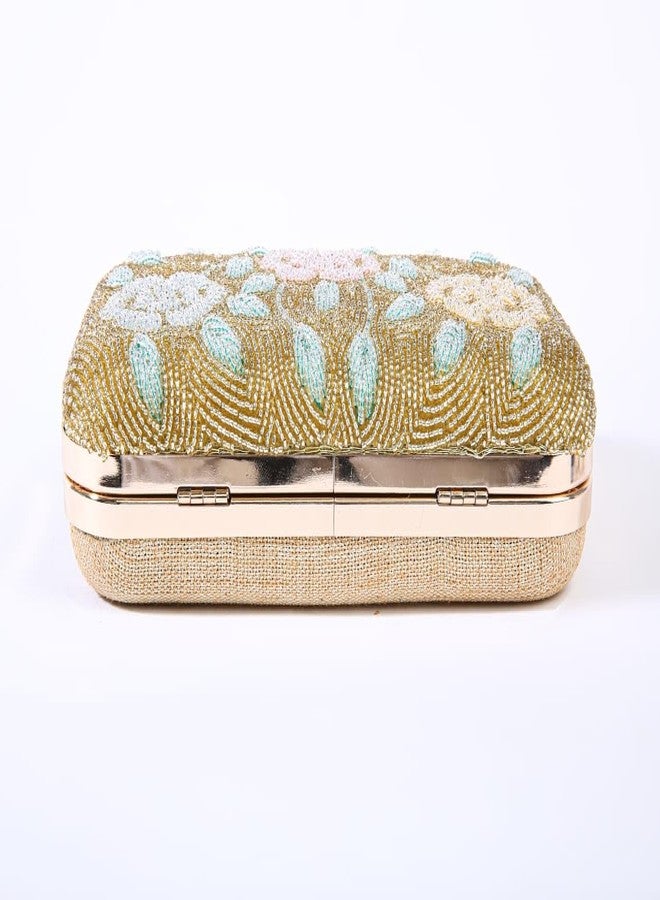 JI ACCESSORIES Embroidered Floral Beaded Clutch with Dual Strap - Gold & Pastel Multicolor (Golden) - Image 5