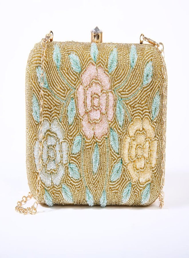 JI ACCESSORIES Embroidered Floral Beaded Clutch with Dual Strap - Gold & Pastel Multicolor (Golden) - Image 3