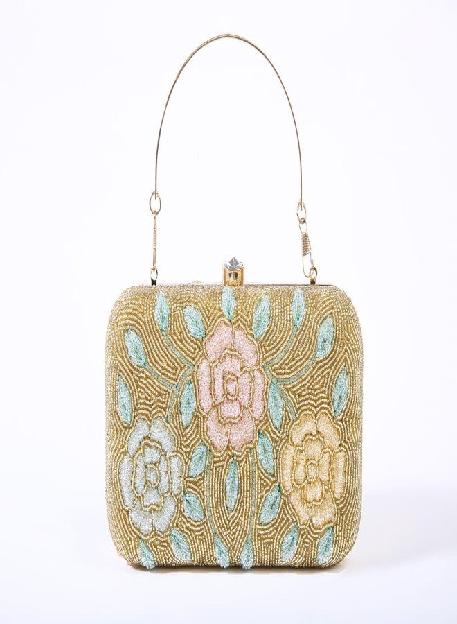 JI ACCESSORIES Embroidered Floral Beaded Clutch with Dual Strap - Gold & Pastel Multicolor (Golden) - Image 2