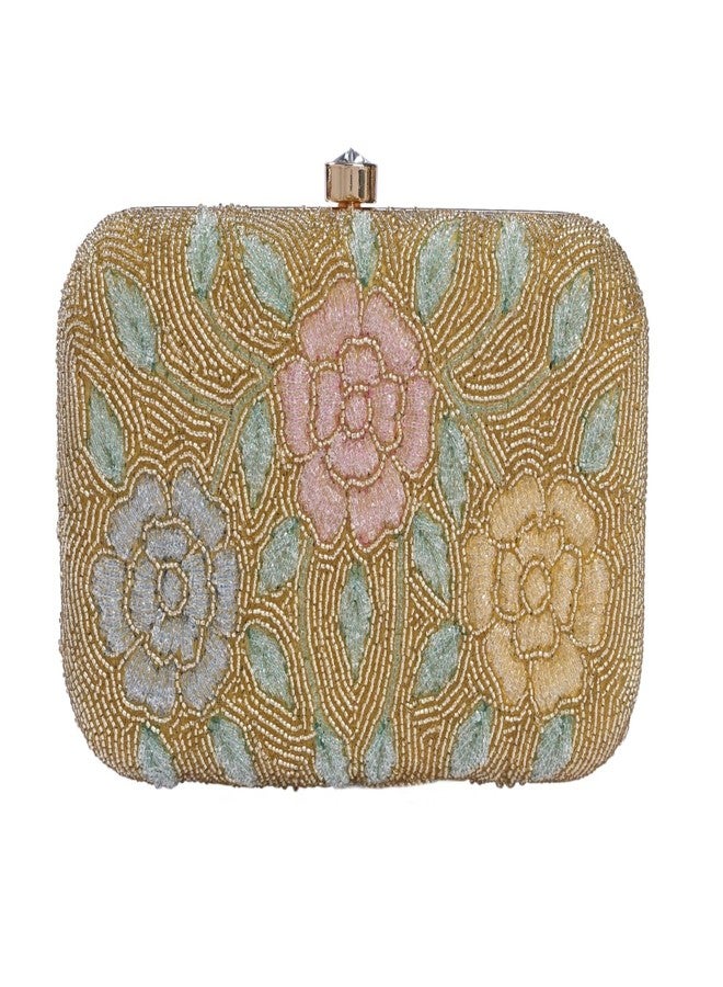 JI ACCESSORIES Embroidered Floral Beaded Clutch with Dual Strap - Gold & Pastel Multicolor (Golden) - Image 1