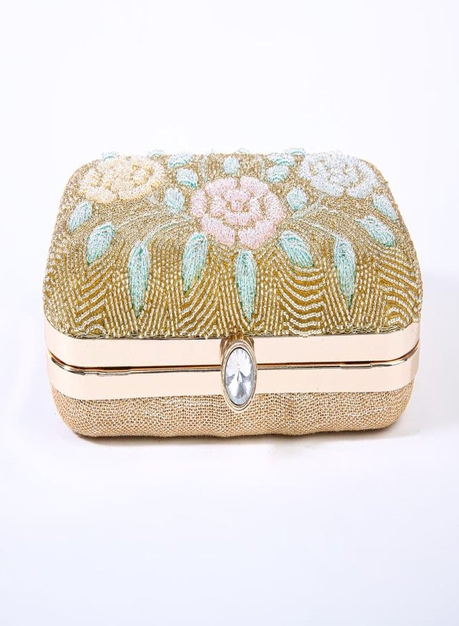 JI ACCESSORIES Embroidered Floral Beaded Clutch with Dual Strap - Gold & Pastel Multicolor (Golden) - Image 4