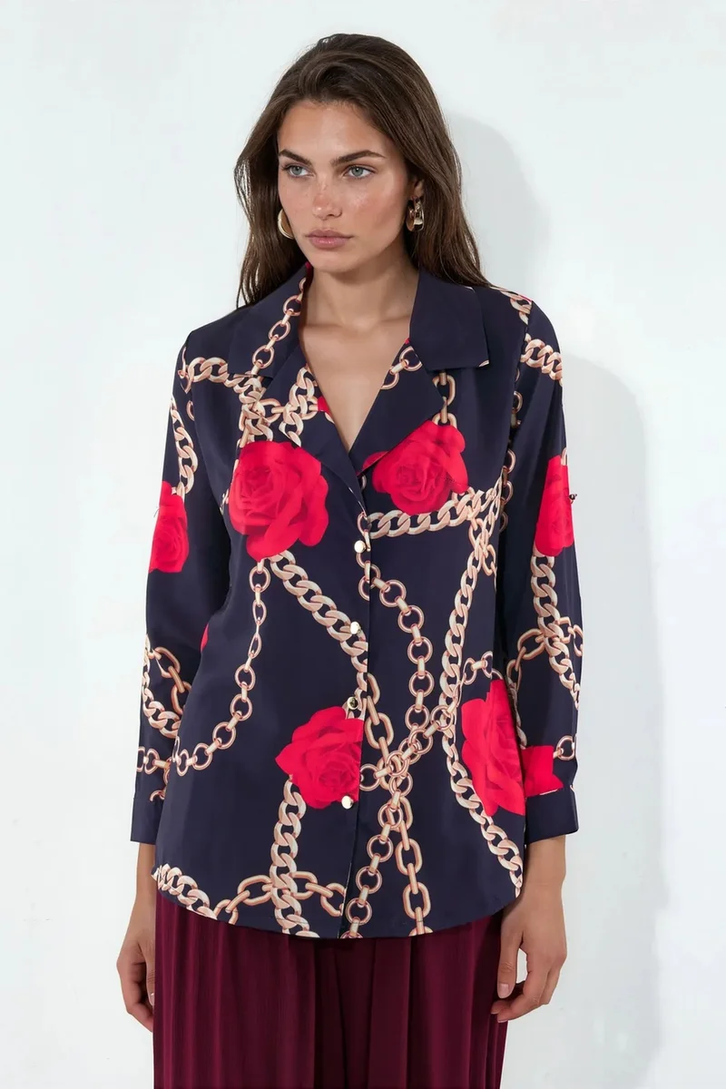 جينيفر Floral Crepe Button-Front Shirt