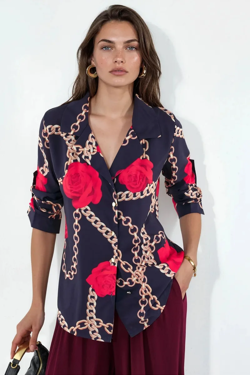جينيفر Floral Crepe Button-Front Shirt