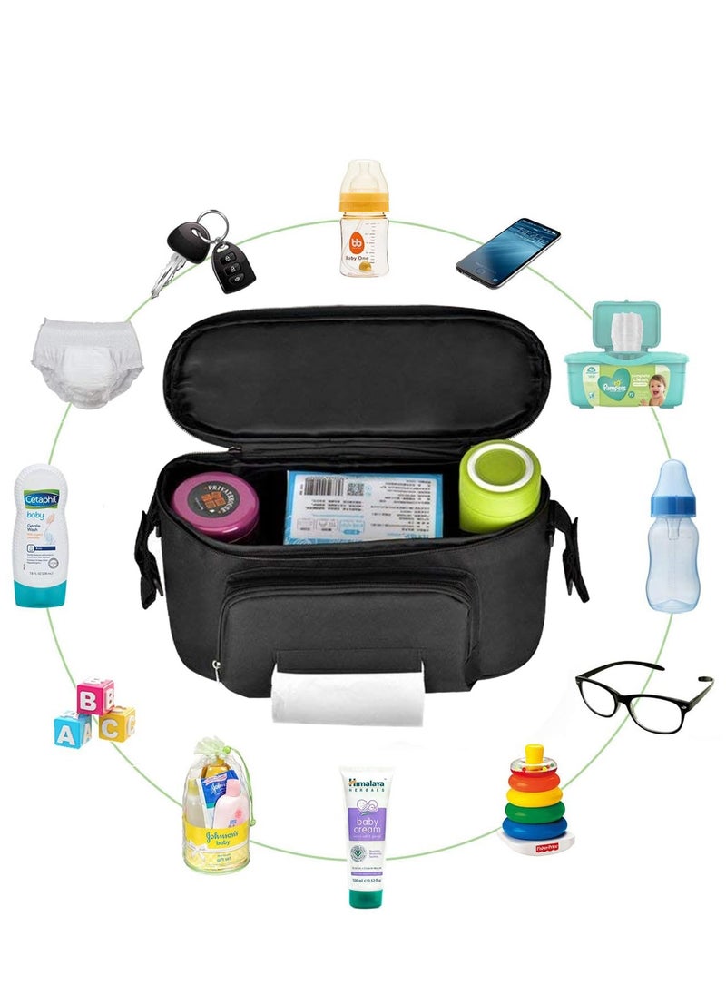 SYOSI Universal Stroller Organizer with Cup Holders Stroller Accessories Zippered Bag Adjustable Strap Diaper Pocket Wipes Pocket  Machine Washable for All Baby Stroller Models Black  - Image 2