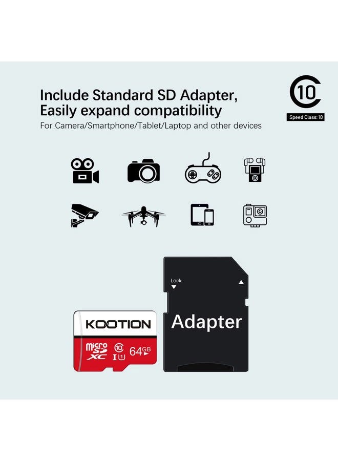 Kootion حزمة 5 بطاقات micro SD سعة 64 جيجابايت فئة 10 بطاقة ذاكرة Micro-SDXC UHS-I عالية السرعة لكاميرا الأمان/الهاتف الذكي/الطائرة بدون طيار/كاميرا داش/الجهاز اللوحي/الكمبيوتر الشخصي C10 U1 64GB 5pack - Image 4
