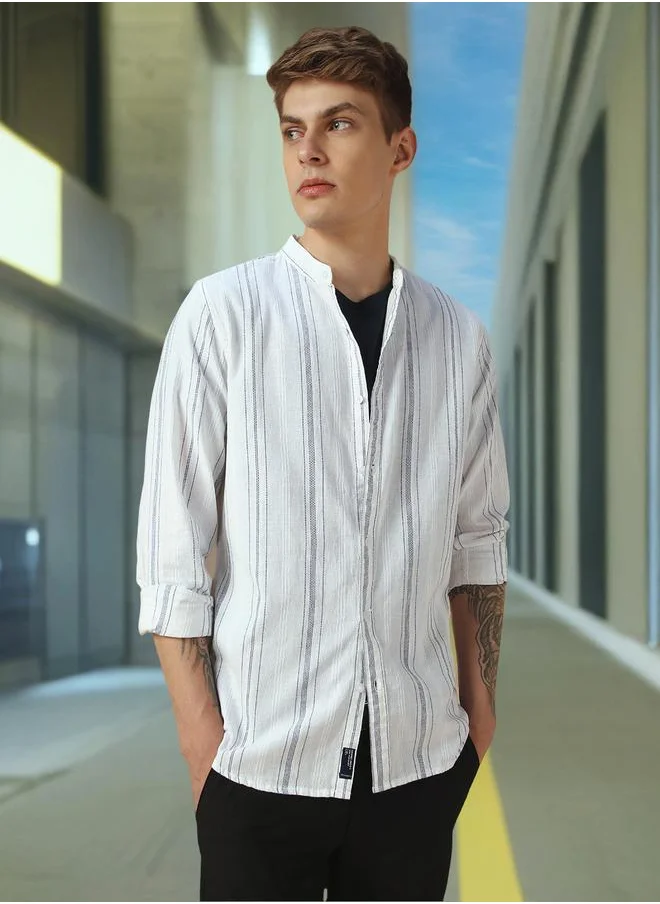 Dennis Lingo Multicolour Cotton yd stripes Stripes Pattern Regular Fit Shirts for Men with Mandarin Collar Neckline Full Sleeves Regular Length Upper Body Wear Shirt Button Closure Woven Weave - Perfect for Lifestyle Occasions