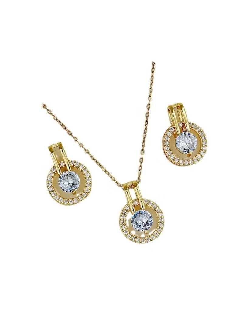 Huitich Gold Colour Crystal Circle Pendant Necklace & Earring Set - Image 1