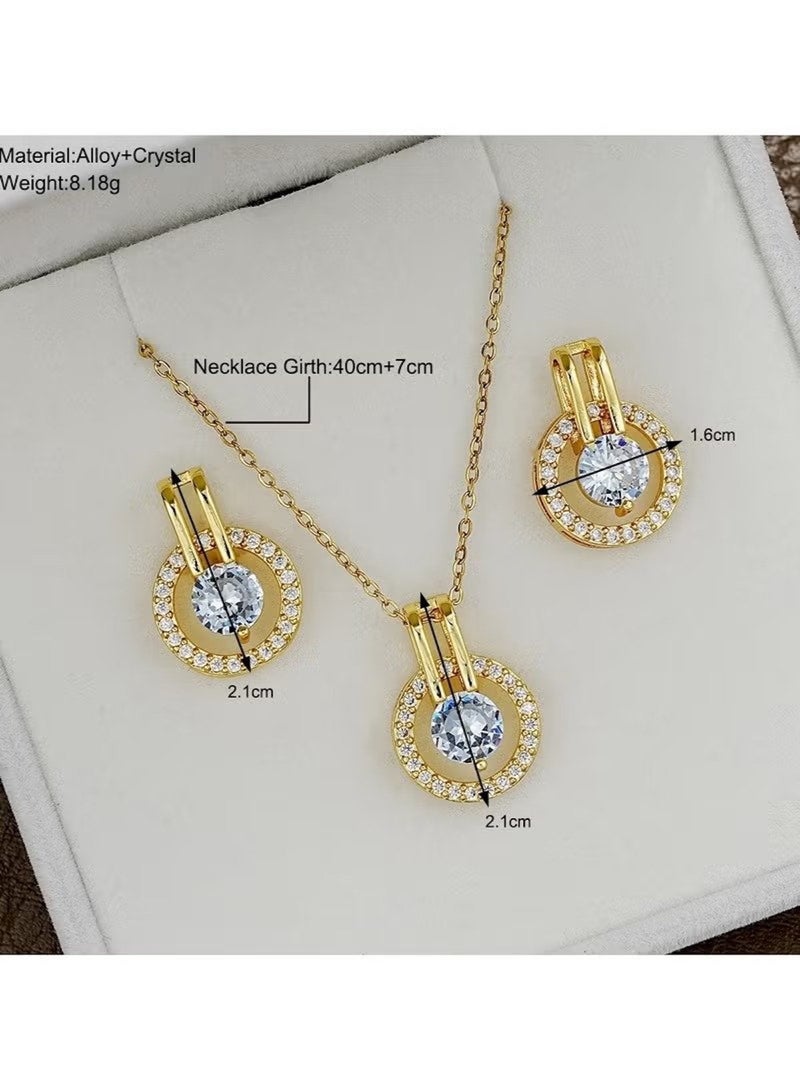 Huitich Gold Colour Crystal Circle Pendant Necklace & Earring Set - Image 3