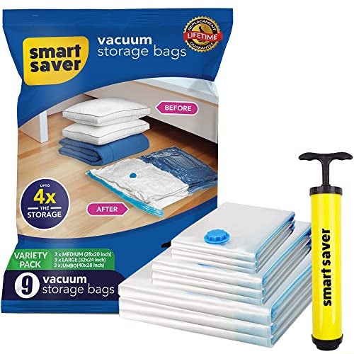 Smart Saver 9 Pack Smart Saver Vacuum Bags for Travel, Space Saver Bags (3Jumbo 3Large 3Medium) Compression Storage Bags for Clothes, Pillows, Comforters, Vaccine Sealed Compression Packing Bag with Hand Pump - Image 1