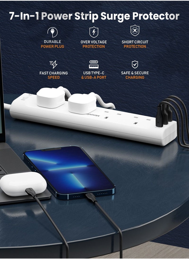 Moxedo Moxedo 20W Power Strip Surge Protector 7 Way 1 USB-C PD Ports + 2 USB-A Ports + 4 AC Outlets Fast Charging with 2M Cable Length  - Image 4