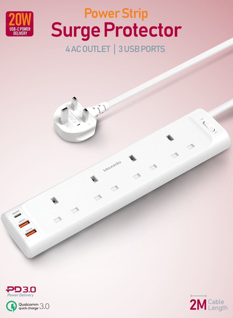 Moxedo 20W Power Strip Surge Protector 7 Way 1 USB-C PD Ports + 2 USB-A Ports + 4 AC Outlets Fast Charging with 2M Cable Length