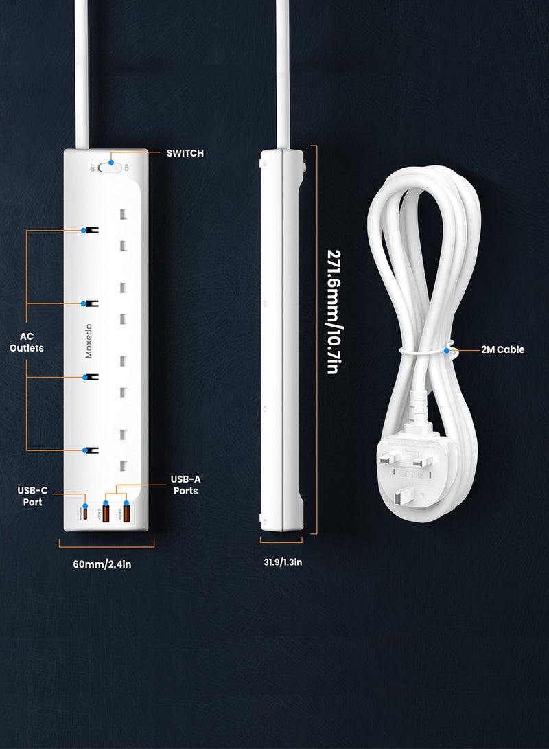 Moxedo 20W Power Strip Surge Protector 7 Way 1 USB-C PD Ports + 2 USB-A Ports + 4 AC Outlets Fast Charging with 2M Cable Length