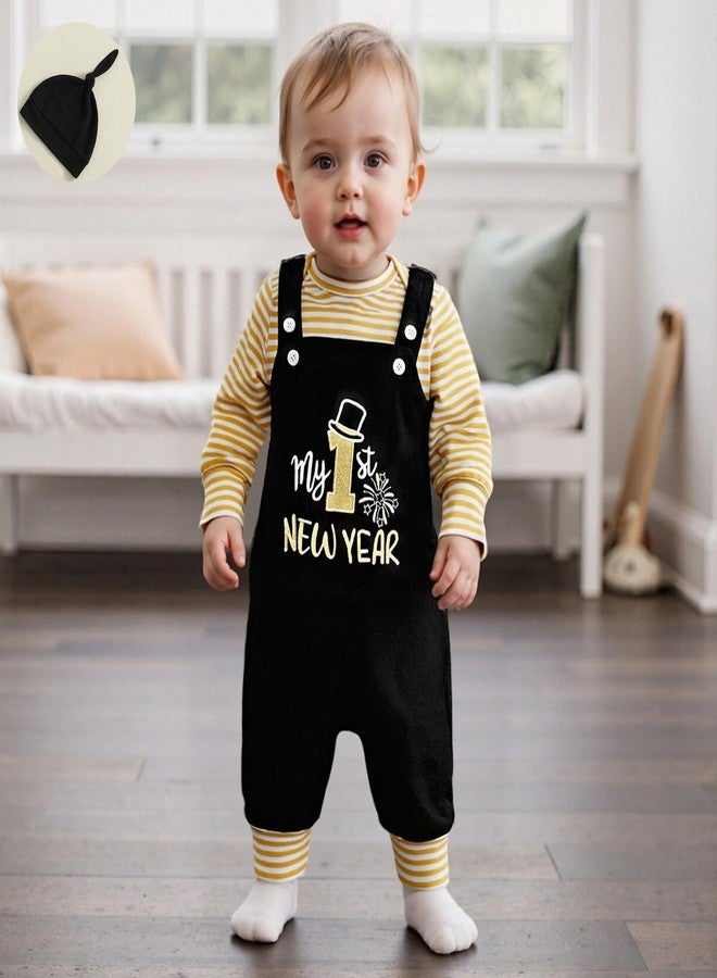 DNOMAID YZARC Baby Boy New Year Outfit Stripe Long Sleeve Romper Letter Embroidery Overalls Pants Hat Set Infant Fall Clothes (Black, 3-6 Months) - Image 3