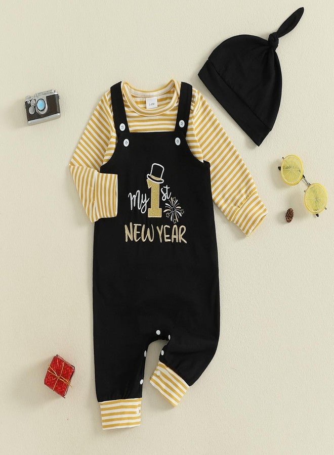 DNOMAID YZARC Baby Boy New Year Outfit Stripe Long Sleeve Romper Letter Embroidery Overalls Pants Hat Set Infant Fall Clothes (Black, 3-6 Months) - Image 4