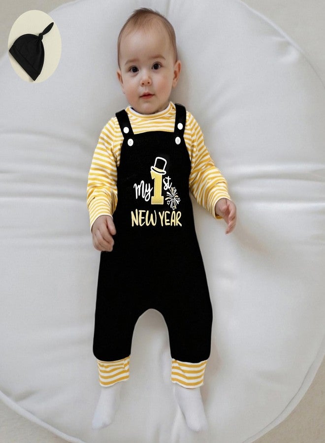 DNOMAID YZARC Baby Boy New Year Outfit Stripe Long Sleeve Romper Letter Embroidery Overalls Pants Hat Set Infant Fall Clothes (Black, 3-6 Months) - Image 2
